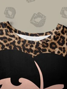 Betty Boop x SHEIN Plus Size Round Neck Leopard Print Cartoon Pattern Casual Everyday Summer T-Shirt - White - View 5