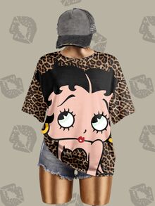 Betty Boop x SHEIN Plus Size Round Neck Leopard Print Cartoon Pattern Casual Everyday Summer T-Shirt - White - View 1