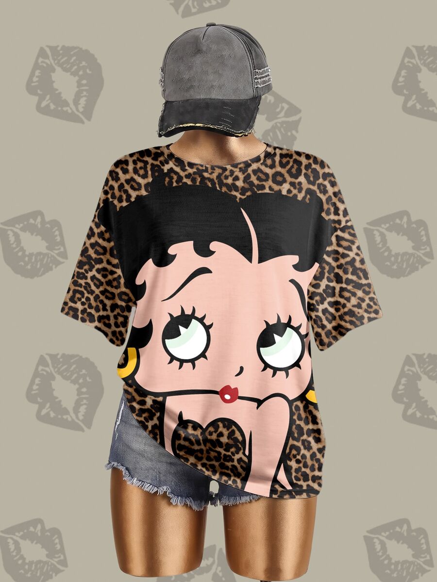 Betty Boop x SHEIN Plus Size Round Neck Leopard Print Cartoon Pattern Casual Everyday Summer T-Shirt - White - View 1