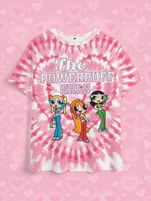 THE POWERPUFF GIRLS X SHEIN 大尺碼女款標語紮染印花圓領短袖休閒T恤 - 白色 - 查看 1