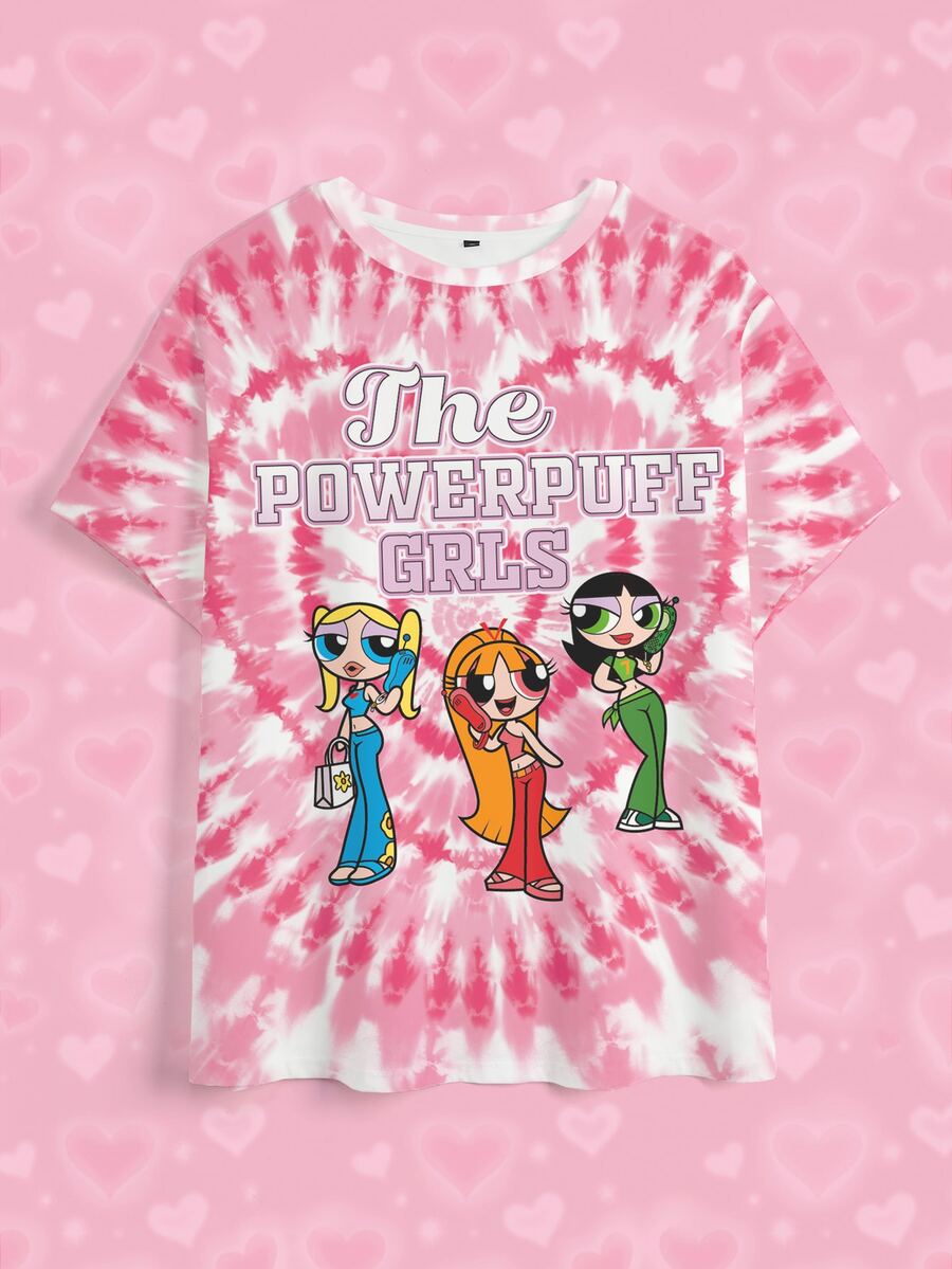 THE POWERPUFF GIRLS X SHEIN 大尺碼女款標語紮染印花圓領短袖休閒T恤 - 白色 - 查看 1