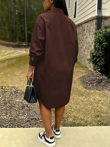 Calvaya Women's Casual Loose Brown Lazy Plus Size Mid-Length Solid Color Long Sleeve Shirt Dress, Suitable For Casual Outings, Casual Dresses For Women, Going Out Outfits - Brown - View 2
