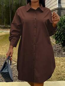 Calvaya Women's Casual Loose Brown Lazy Plus Size Mid-Length Solid Color Long Sleeve Shirt Dress, Suitable For Casual Outings, Casual Dresses For Women, Going Out Outfits - Brown - View 5