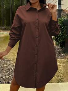 Calvaya Women's Casual Loose Brown Lazy Plus Size Mid-Length Solid Color Long Sleeve Shirt Dress, Suitable For Casual Outings, Casual Dresses For Women, Going Out Outfits - Brown - View 6