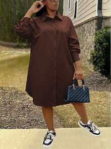 Calvaya Women's Casual Loose Brown Lazy Plus Size Mid-Length Solid Color Long Sleeve Shirt Dress, Suitable For Casual Outings, Casual Dresses For Women, Going Out Outfits - Brown - View 4