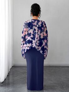 Elenzga Plus Size Women's Romantic Knitted French Style Ditsy Floral Ruched Cape Cover Up Mint Green Fitted Bodycon Maxi Dress - Navy Blue - View 2