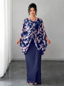 Elenzga Plus Size Women's Romantic Knitted French Style Ditsy Floral Ruched Cape Cover Up Mint Green Fitted Bodycon Maxi Dress - Navy Blue - View 7