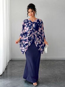 Elenzga Plus Size Women's Romantic Knitted French Style Ditsy Floral Ruched Cape Cover Up Mint Green Fitted Bodycon Maxi Dress - Navy Blue - View 5
