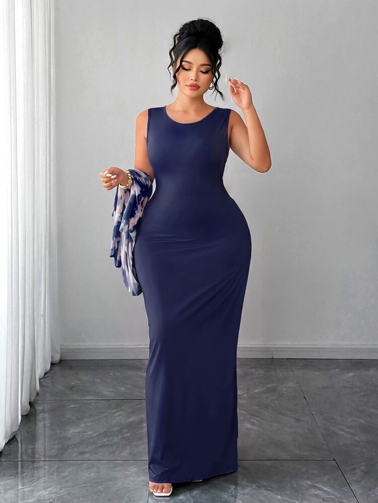 Elenzga Plus Size Women's Romantic Knitted French Style Ditsy Floral Ruched Cape Cover Up Mint Green Fitted Bodycon Maxi Dress - Navy Blue - View 4