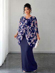 Elenzga Plus Size Women's Romantic Knitted French Style Ditsy Floral Ruched Cape Cover Up Mint Green Fitted Bodycon Maxi Dress - Navy Blue - View 8