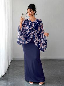 Elenzga Plus Size Women's Romantic Knitted French Style Ditsy Floral Ruched Cape Cover Up Mint Green Fitted Bodycon Maxi Dress - Navy Blue - View 1