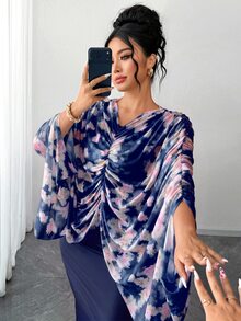 Elenzga Plus Size Women's Romantic Knitted French Style Ditsy Floral Ruched Cape Cover Up Mint Green Fitted Bodycon Maxi Dress - Navy Blue - View 3
