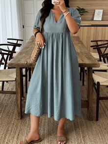 Weeklong Plus Size Solid Color Short Sleeve Dress, Stylish For Summer BASICS Elegant - Green - View 5