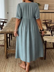 Weeklong Plus Size Solid Color Short Sleeve Dress, Stylish For Summer BASICS Elegant - Green - View 2
