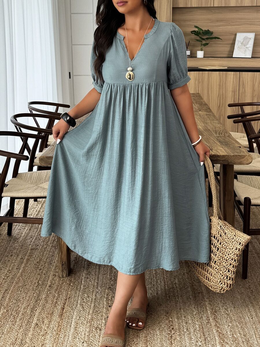 Weeklong Plus Size Solid Color Short Sleeve Dress, Stylish For Summer BASICS Elegant - Green - View 1