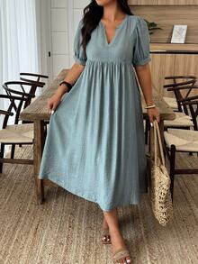 Weeklong Plus Size Solid Color Short Sleeve Dress, Stylish For Summer BASICS Elegant - Green - View 4
