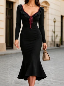 SHEIN LUNE CURVE Gaun Wanita Ukuran Plus untuk Musim Semi/Gugur, Elegan untuk Perjalanan, Liburan, Pesta, Warna Hitam Polos, Leher V, Lengan Panjang, Hem Berkerut, Desain Duyung, Cocok untuk Dipakai di Musim Semi/Gugur - Hitam - View 3