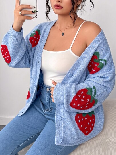 Elenzga Plus Size Women's Autumn Thick Knit Loose V-Neck Strawberry Jacquard Button Casual Cute Soft Form Versatile Cardigan Office Date Night Light Blue