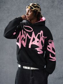 PAVTROS Men's Black Summer Oversized Streetwear Graffiti Sweatshirt, Contrast Color Graphic Design, American Vintage Hip-Hop Style - Multicolor - View 5