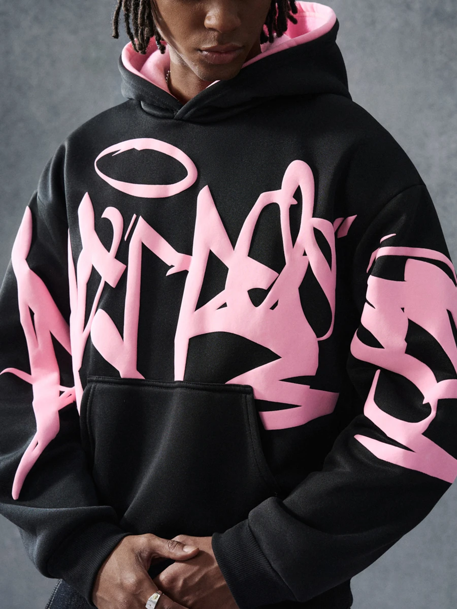 PAVTROS Men's Black Summer Oversized Streetwear Graffiti Sweatshirt, Contrast Color Graphic Design, American Vintage Hip-Hop Style - Multicolor - View 1