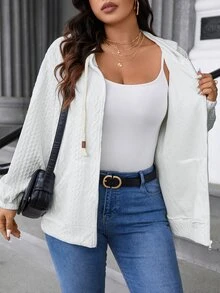 EMERY ROSE Plus Size Solid Color Front Zip-Up Long Sleeve Sweatshirt, Casual Daily Wear ,Graduation, Teachers For Women, Back To School Fall Winter Autumn - White - View 6