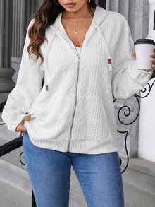 EMERY ROSE Plus Size Solid Color Front Zip-Up Long Sleeve Sweatshirt, Casual Daily Wear ,Graduation, Teachers For Women, Back To School Fall Winter Autumn - White - View 4
