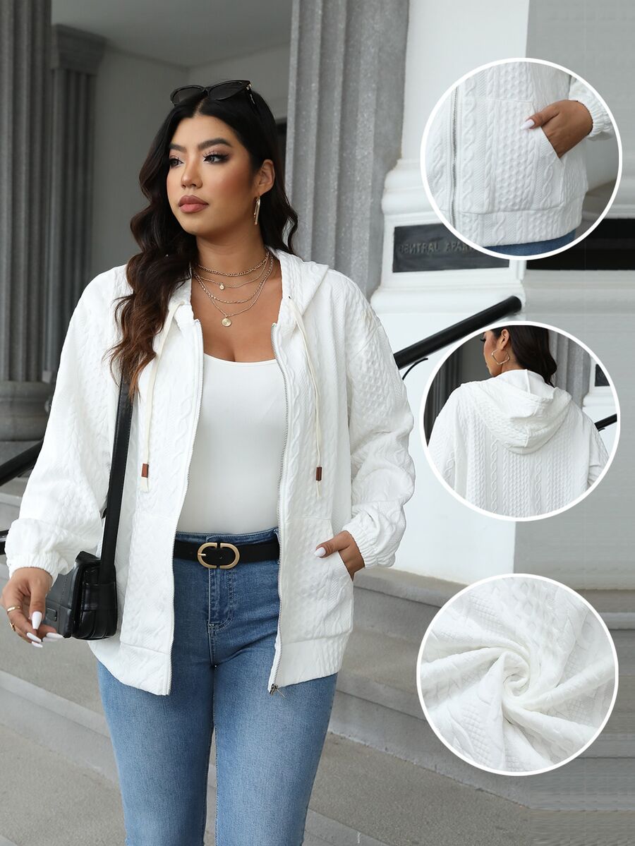 EMERY ROSE Plus Size Solid Color Front Zip-Up Long Sleeve Sweatshirt, Casual Daily Wear ,Graduation, Teachers For Women, Back To School Fall Winter Autumn - White - View 1
