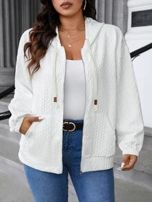 EMERY ROSE Plus Size Solid Color Front Zip-Up Long Sleeve Sweatshirt, Casual Daily Wear ,Graduation, Teachers For Women, Back To School Fall Winter Autumn - White - View 8