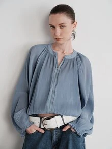 Aveloria Modichic Women's Jacket Fine Pleated Fabric Dropped Shoulder Cuffed Full Zip Front Elastic Hem Small Round Neck Ruffle Edge French Elegant Dusty Blue - Blue - View 6
