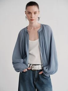 Aveloria Modichic Women's Jacket Fine Pleated Fabric Dropped Shoulder Cuffed Full Zip Front Elastic Hem Small Round Neck Ruffle Edge French Elegant Dusty Blue - Blue - View 4