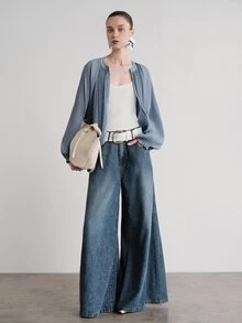 Aveloria Modichic Women's Jacket Fine Pleated Fabric Dropped Shoulder Cuffed Full Zip Front Elastic Hem Small Round Neck Ruffle Edge French Elegant Dusty Blue - Blue - View 5