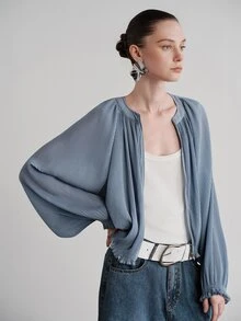 Aveloria Modichic Women's Jacket Fine Pleated Fabric Dropped Shoulder Cuffed Full Zip Front Elastic Hem Small Round Neck Ruffle Edge French Elegant Dusty Blue - Blue - View 7