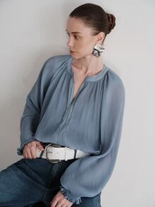Aveloria Modichic Women's Jacket Fine Pleated Fabric Dropped Shoulder Cuffed Full Zip Front Elastic Hem Small Round Neck Ruffle Edge French Elegant Dusty Blue - Blue - View 3