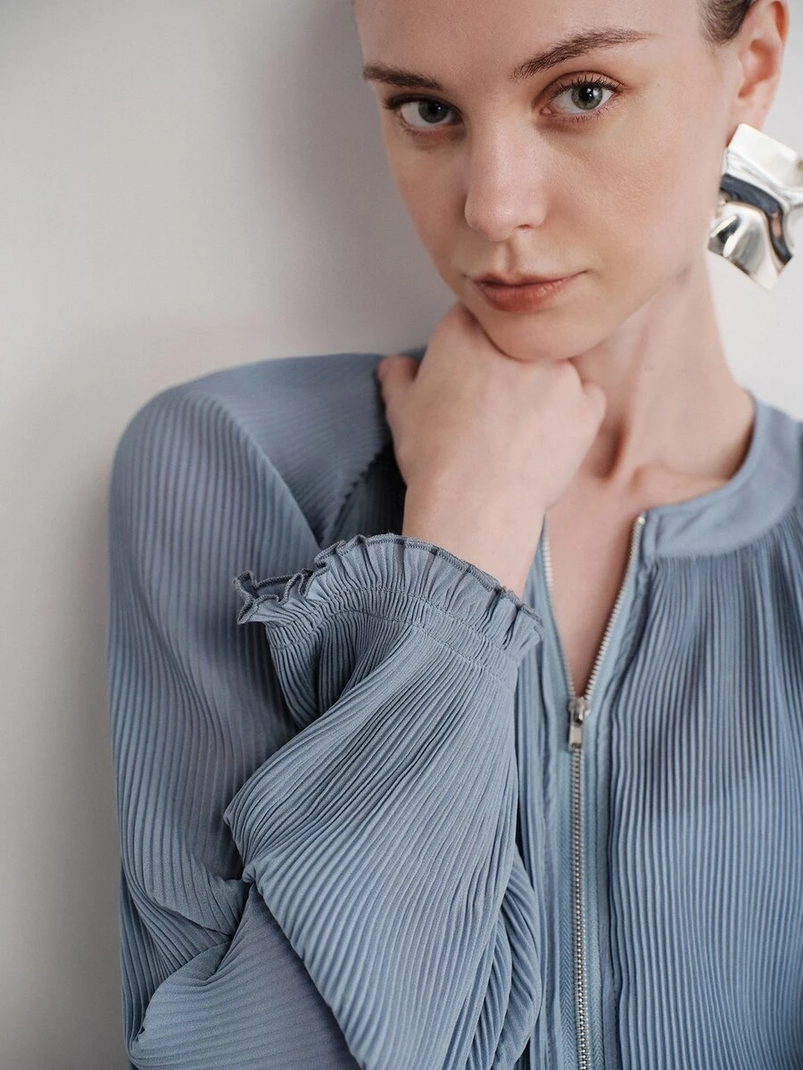 Aveloria Modichic Women's Jacket Fine Pleated Fabric Dropped Shoulder Cuffed Full Zip Front Elastic Hem Small Round Neck Ruffle Edge French Elegant Dusty Blue - Blue - View 1