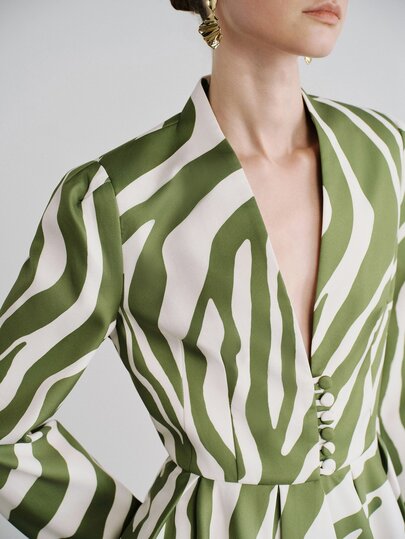 Aveloria Modichic Early Summer Zebra Print V-Neck Loose Long Sleeve Asymmetrical Hem Blazer Dinner Party Shades Of Green Elegant