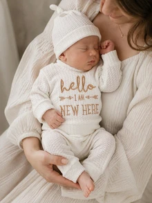 SHEIN 新生兒金色「HELLO」字母刺繡攝影服飾 0-3個月 嬰兒派對洗禮套裝 白色 1-100天嬰兒服 - 米色 - 查看 1