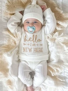 SHEIN 新生兒金色「HELLO」字母刺繡攝影服飾 0-3個月 嬰兒派對洗禮套裝 白色 1-100天嬰兒服 - 米色 - 查看 4