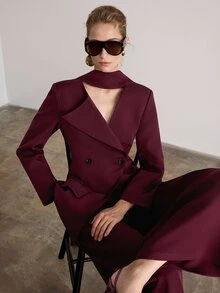 European & American Style Autumn/Winter New Fashion Versatile Solid Color Diagonal Stripe Large Lapel Tie-Front Blazer Jacket With Pants Women's Suit Set - Burgundy - View 3