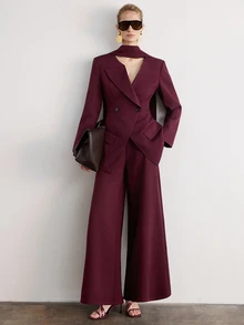 European & American Style Autumn/Winter New Fashion Versatile Solid Color Diagonal Stripe Large Lapel Tie-Front Blazer Jacket With Pants Women's Suit Set - Burgundy - View 5