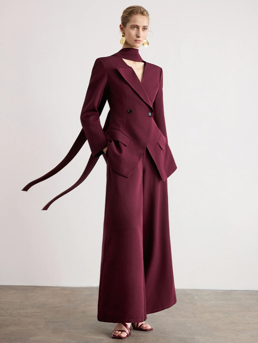 European & American Style Autumn/Winter New Fashion Versatile Solid Color Diagonal Stripe Large Lapel Tie-Front Blazer Jacket With Pants Women's Suit Set - Burgundy - View 1