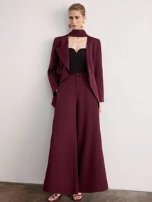 European & American Style Autumn/Winter New Fashion Versatile Solid Color Diagonal Stripe Large Lapel Tie-Front Blazer Jacket With Pants Women's Suit Set - Burgundy - View 7
