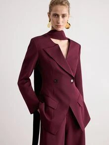European & American Style Autumn/Winter New Fashion Versatile Solid Color Diagonal Stripe Large Lapel Tie-Front Blazer Jacket With Pants Women's Suit Set - Burgundy - View 6