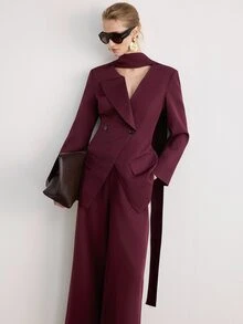 European & American Style Autumn/Winter New Fashion Versatile Solid Color Diagonal Stripe Large Lapel Tie-Front Blazer Jacket With Pants Women's Suit Set - Burgundy - View 4