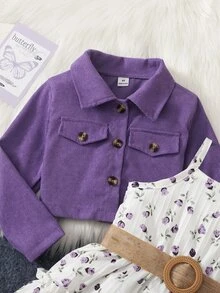 SHEIN Elladie kids 女童新款時尚西裝領長袖外套搭配鬆緊腰A字層次花卉印花細肩帶洋裝 2件套，適合休閒日常穿著與度假，春/秋季 - 紫色 - 查看 6