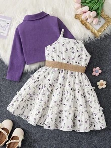 SHEIN Elladie kids 女童新款時尚西裝領長袖外套搭配鬆緊腰A字層次花卉印花細肩帶洋裝 2件套，適合休閒日常穿著與度假，春/秋季 - 紫色 - 查看 2