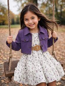 SHEIN Elladie kids 女童新款時尚西裝領長袖外套搭配鬆緊腰A字層次花卉印花細肩帶洋裝 2件套，適合休閒日常穿著與度假，春/秋季 - 紫色 - 查看 4