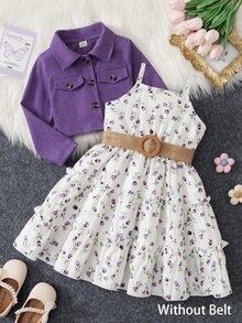 SHEIN Elladie kids 女童新款時尚西裝領長袖外套搭配鬆緊腰A字層次花卉印花細肩帶洋裝 2件套，適合休閒日常穿著與度假，春/秋季 - 紫色 - 查看 3