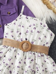 SHEIN Elladie kids 女童新款時尚西裝領長袖外套搭配鬆緊腰A字層次花卉印花細肩帶洋裝 2件套，適合休閒日常穿著與度假，春/秋季 - 紫色 - 查看 5