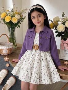 SHEIN Elladie kids 女童新款時尚西裝領長袖外套搭配鬆緊腰A字層次花卉印花細肩帶洋裝 2件套，適合休閒日常穿著與度假，春/秋季 - 紫色 - 查看 1