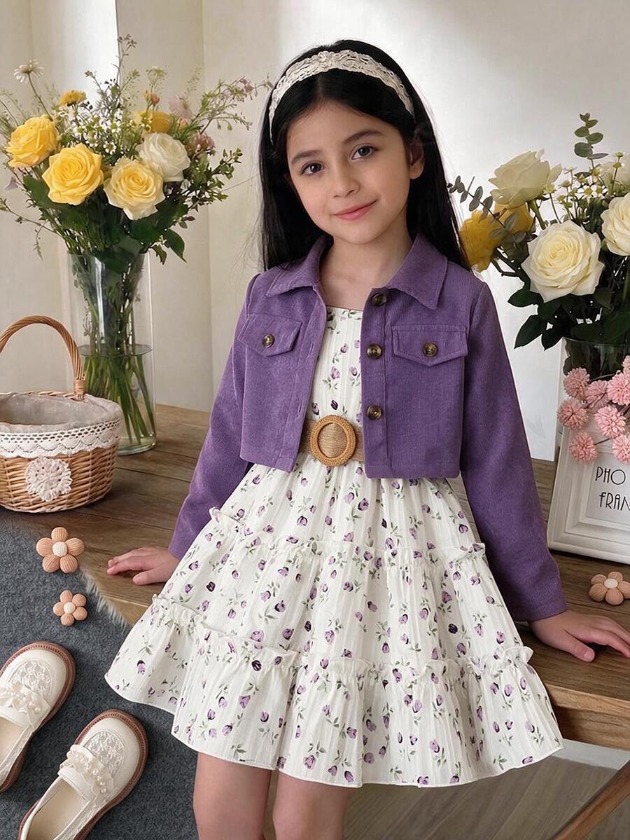 SHEIN Elladie kids 女童新款時尚西裝領長袖外套搭配鬆緊腰A字層次花卉印花細肩帶洋裝 2件套,適合休閒日常穿著與度假,春/秋季 - 紫色 - 查看 1